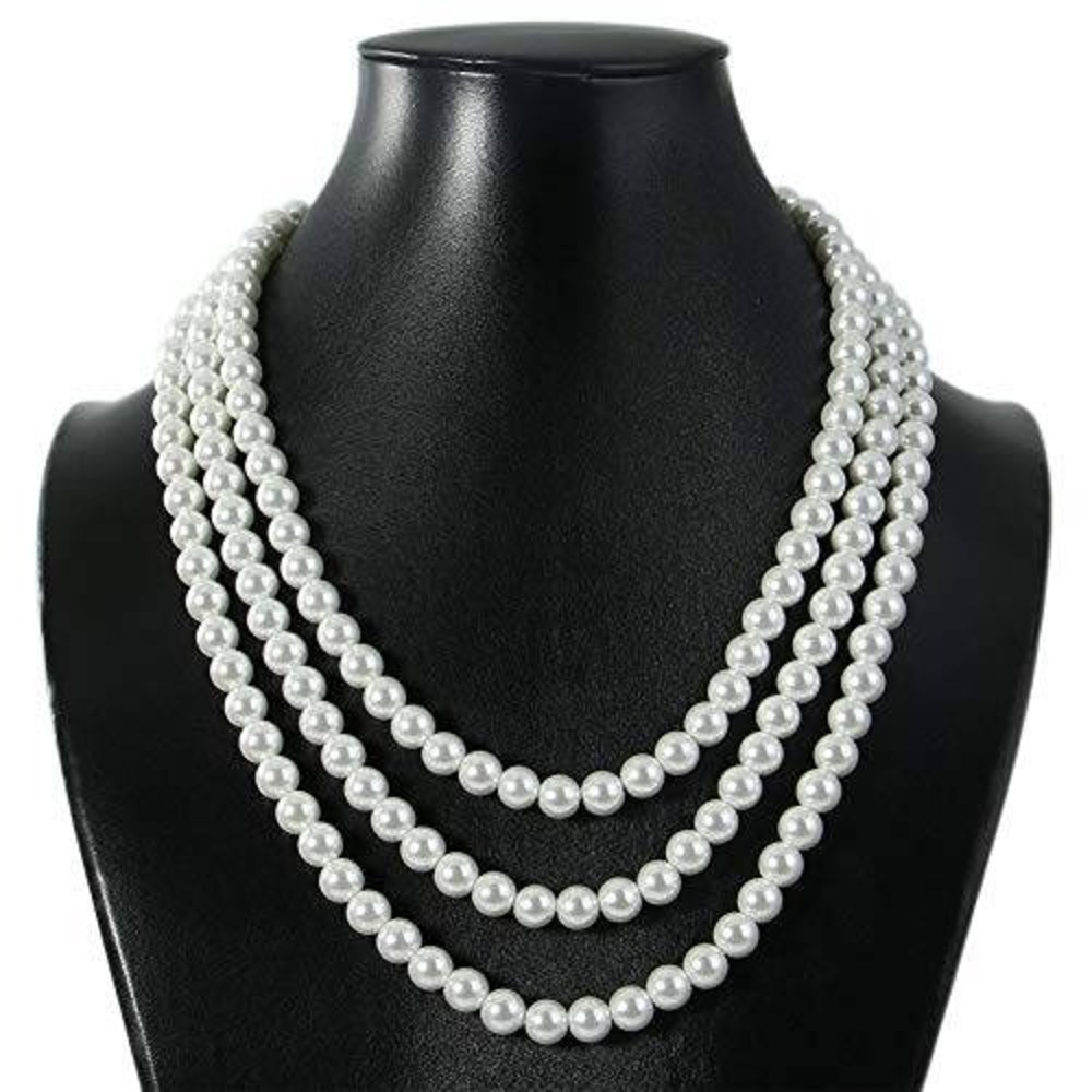 Triple Strand White Faux Pearl Necklace Multi Layer Statement Bridal Jewelry